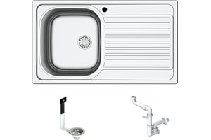 FHULLER Lavello da incasso 1 Vasca + Gocciolatoio destro | Acciaio Inox Prelucido | 86x50 cm | Foro Scarico 3,5” | Lavello Cucina Resistente, Igienico e Facile da Pulire