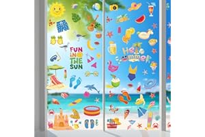 Hianjoo Fensterbilder Selbstklebend Sommer Deko, Hawaiianische Fenster Aufkleber Dekorationen, 9 Blätter Fenstersticker Wiederverwendbar mit Beach Pool Party für Fensterdeko