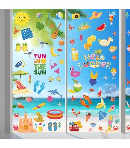 Lot De 9 Stickers Fenêtre été Motifs Plage - Autocollants PVC Amovibles Réutilisables 20x30 Cm - Décoration Maison Bureau