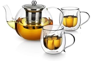 VEVOUK Tetera de vidrio de borosilicato y tazas de té de vidrio de doble pared con colador de acero inoxidable extraextra, 1000ml de té de hervidor de 33oz infude para té de hoja suelta, tetera tetera clara