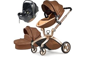 Hot Mom poussette et baignoire bébé 2 en 1, Poussette combinée attaches réversibles en cuir PU Suspension roues PU 2025 nouveau design, F22 (avec siège auto, 22coffee31)