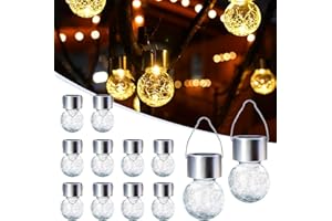 GIGALUMI Lot de 12 lampes solaires étanches à suspendre, décorations de jardin, cadeaux pour femme, maman, grand-mère, lanternes en verre craquelé