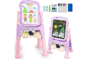 LYPSOCHAAT 4 in 1 Kids Easel with Magnetic Whiteboard Chalkboard, Kids Drawing Board Toddlers Painting Easel, Childrens Art Easel for Kids with Height Adjustable & Rotatable, Gifts for 3 4 5 6 7 Year Old Girls