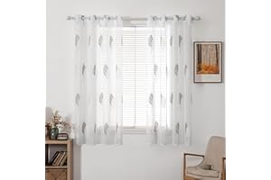 MIULEE Rideaux Voilage Court avec Beau Motif de Feuilles Gris et Blanc, Intérieurs Rideau Voile Brodé a Oeillets Largeur 140 CM Hauteur 175, Petit Voilage Fenetre Design Moderne pour Chambre Cuisine