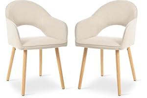 Goeurvant Beige Dining Chairs Set of 2, Upholstered Chairs with Armrests& Wooden Legs, Wool Linen Blend Armchairs, Ergonomic Kitchen Chair, Living Room Chair for Dining Room and Kitchen, Beige