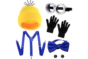 Errshing 8 Pezzi Kit Piccolo Uomo Giallo Costume Adulto Bambini, Cappello Giallo Papillon Blu Guanti Neri Grandi Montatura per Occhi, Minio Costumi di Carnevale Vestito Halloween Film Costume