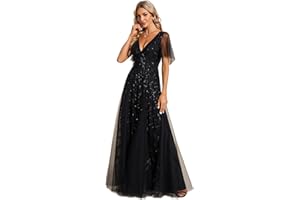 Ever-Pretty Women's V Neck Short Sleeve Elegant Floor Length A Line Long Tulle Evening Dresses 00734