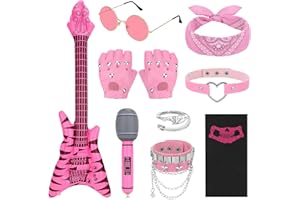 Dreamtop Punk Rockstar Fancy Dress Gothic Rocker Costume Set Rock Star Accessories with Gloves Sunglasses Bandana Tattoo Sleeves Bracelet Ring Inflatable Guitar Microphone