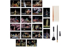 tao pipe 20 Stück Kratzkunst-Papier DIY Nachtansicht Rubbelbrett Regenbogen Malerei Kunst Handwerk Scratch Weltberühmte Stadt Sehenswürdigkeiten DIY Kunst-Set mit Werkzeug-Set (A5-Größe)