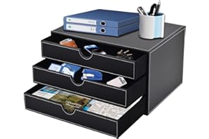 XNONE Home Office Desktop Schreibtisch-Schubladenbox mit 3 geschlossenen A4-Fächern, PU-Leder-Schubladenbox, Schmuck-Organizer, Kosmetik-Organizer, U-förmige Öffnung, handgenähte Nähte(schwarz)