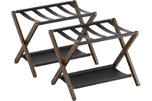 vovala Luggage Rack, Set of 2, Folding Suitcase Stand with Storage Shelf, Premium Bamboo Luggage Holder for Guest Room, Bedroom, Hotel, Closet, Holds up to 61 kg (Walnut)