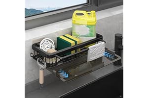 ZIGefofo Organizer per Lavandino Cucina Sospeso Senza Perforazione con Ganci Adesivi e Viti Multifunzionale 2 in 1 Porta Spugna e Detersivo Lavello Cucina per Articoli da Toilette - Nero