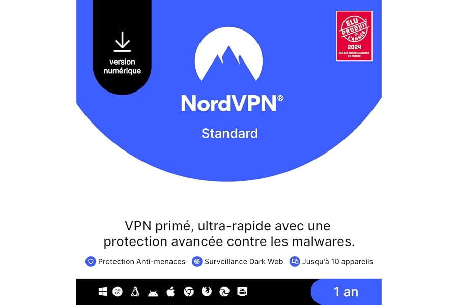 NordVPN Standard, 10 Appareils, 1 an, VPN & Cybersécurité, Code Numérique