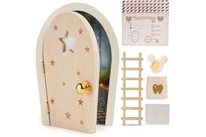 HOMYKIDS® Puerta Ratoncito Perez de madera que abre y cierra - Brilla en la oscuridad - Puerta Raton Perez Mágica + Certificados + Felpudo + Escaleras + Saco (Natural)