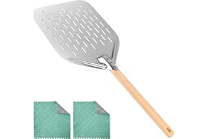 RHAFAYRE Pala de pizza perforada, pala de pizza de aluminio de 12 pulgadas, espátula para pizza antiadherente, pala de metal con mango de madera y paño de limpieza, espátula para pizza para horno y