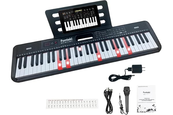 Funtaki Piano à clavier électronique à 61 touches pour adultes et enfants avec touches lumineuses, connectivité MIDI et modes d'apprentissage – Piano parfait pour débutant (minuit)