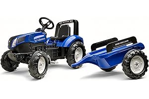 Falk Tracteur à pédales New Holland avec remorque-Dès 3 ans-Fabriqué en France-Volant directionnel avec klaxon-Siège ajustable-3090B, 3090B, Bleu