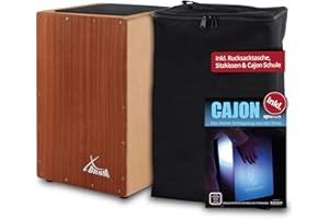 XDrum Cajon Primero Sapeli - Kistentrommel inkl. Rucksacktasche und Schule - Trommelkiste mit Snare Sound - Holz Drum Kiste mit Gigbag