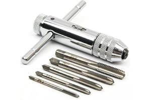 QISF Adjustable Silver T-Handle Ratchet Tap Holder Wrench with 5pcs M3-M8 3mm-8mm Machine Screw Thread Metric Plug T-Shaped Tap