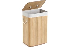 Mondeer tvättkorg i bambu 72 L, tvättkorg med handtag avtagbart tvättbart foder, för sovrum badrum eller tvättstuga, 40 x 30