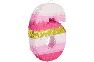 BLUE PANDA Pignatta a forma di numero 6, rosa e oro per ragazze, decorazioni per 6° compleanno (piccola, 41 x 28 cm)