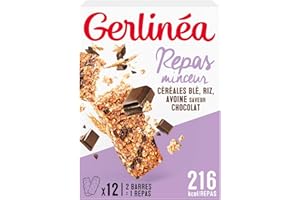 Gerlinéa - Barres Repas Équilibré - Céréales Aux Pépites de Chocolat - Substitut de Repas Protéiné - Réduites en Sucre - 1 Boîte de 12 Barres (6 Repas) - 372 g