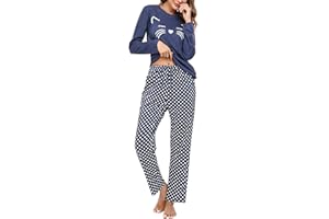 Uniexcosm Pijamas Mujer, Pijamas Mujer Gato Pijamas para Mujer Algodon de Manga Larga Ropa de Casa Dormir Estampado en Cuello Redondo Pijama Mujer 2 Piezas Suave para Casual