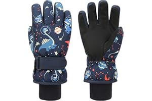 QKURT Guantes de Esquí para Niños, Impermeables para Invierno, Con Forro de Lana Caliente, Diseño de Dinosaurios para 4 a 6 Años