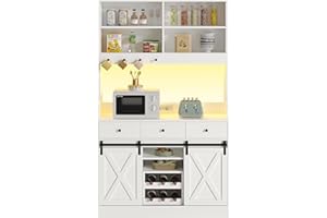 KIMENICH Credenza, Credenza Cucina con Illuminazione a LED, Presa Elettrica, Mobile Buffet, Scaffale Rimovibile, 3 Cassetti, Ripiani Regolabili, Grande Spazio, Cucina, Sala da Pranzo, 103.5*40*180 cm, Bianca