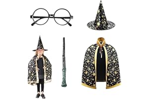 Ajuanbazha 4 Pièces Cape du Magicien D'halloween, Comprend Baguette, Chapeau, Lunettes, Cape, Costume Sorcier Enfant Garçons Filles Costume D'halloween de Cosplay