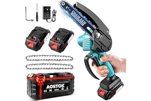 AOSTOK Mini Motosierra Bateria 6 Pulgadas, Motosierra Eléctrica con 2 baterías, 2 Cadenas, Mini Motosierra de una mano, Motosierra Inalámbrica para Ramas