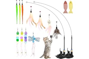 Zikenis 15pcs Gatto Pesca con 2 Ventose Giocattolo Intelligenza per Gatti Giocattolo Piuma Con Ventosa, Giocattolo Gatto
