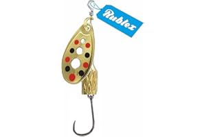 Rublex - Pack de 5 Cucharillas de Pesca C-Turbo-2 OPRN | Cebo Artificial de Pesca con Anzuelo Simple sin Muerte, Sistema de Clip y Acción de Giro Mejorado, Oro Puntos Rojos Negros, 3'5gr