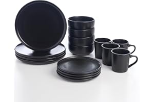 HOMD 16-Pieces Stoneware Dinnerware Set, Dinner Set, Kitchen Dinnerware Ceramic Crockery Set, Dinner Service Set for 4, Include Dinner Plate, Dessert Plate, Cereal Bowl and Mug (Black)
