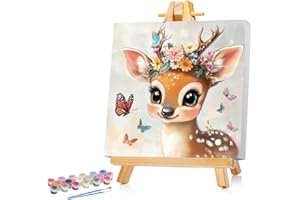 MANDUN ART Reh Malen Nach Zahlen Kinder Mit Rahmen Reh Paint by Numbers für Kind Cute Tier Ölgemälde Kinder ab 5 6 7 8 9 Jahre für Haus Dekoration 20x20cm (Mit Holzrahmen)