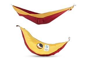 ‎TICKET TO THE MOON Fallschirmhängematte King Size - Original seit 1996 | Burgund/DUNKELGELB | Groß und Komfortabel | 320 x 230 cm, nur 700 g | Schneller Aufbau < 1min | Camping, Hängematte