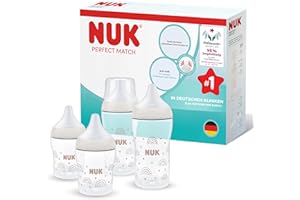 NUK Perfect Match Babyflaschen | 0-3+ Monate | 150 ml & 260 ml | Anti-Kolik-Trinkflasche | PP | Temperature Control Anzeige | Regenbogen | 4 Stück