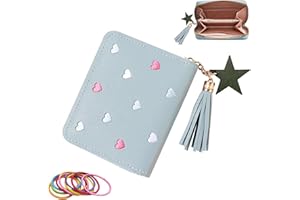 SwirlColor Porte Monnaie Fille, Mignon Coeur Brodé Portefeuille Ado Fille avec Fermeture à Glissière à Franges Porte - Petit Porte Monnaie Femme en Cuir avec Porte - Cartes (Bleu)
