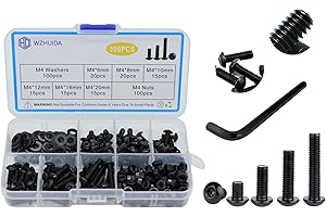 WZHUIDA 300 Stück M4 Schrauben Set, Innensechskantschrauben und Muttern und Unterlegscheiben Sortiertes Set, Schwarze Linsenkopfschrauben Gewindeschrauben Set mit Innensechskantschlüsseln