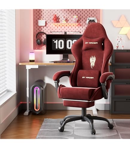 Chaise Gamer Ergonomique WoRaum Avec Massage Lombaire | Tissu Velours, Repose-pieds Rétractable | Dossier Inclinable 90-125° – Confort Gaming & Bureau