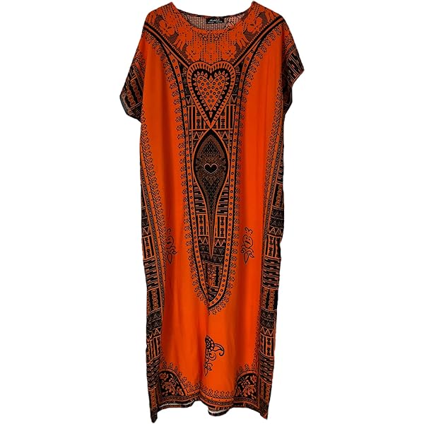 Kiran Fashion Kaftano lungo da donna, 100% cotone, estivo, stampa etnica, copertura da spiaggia, taglia unica, Arancione