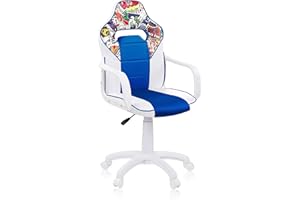 ADEC GROUP duehome | DRW Sticker, Silla Gamer, Silla de Oficina Gaming Estudio o Escritorio, Acabado en Símil Piel Blanco, Azul y Sticker, Medidas: 46,5 cm (Ancho) x 46 cm (Largo) x 98-109,5 cm (Alto)