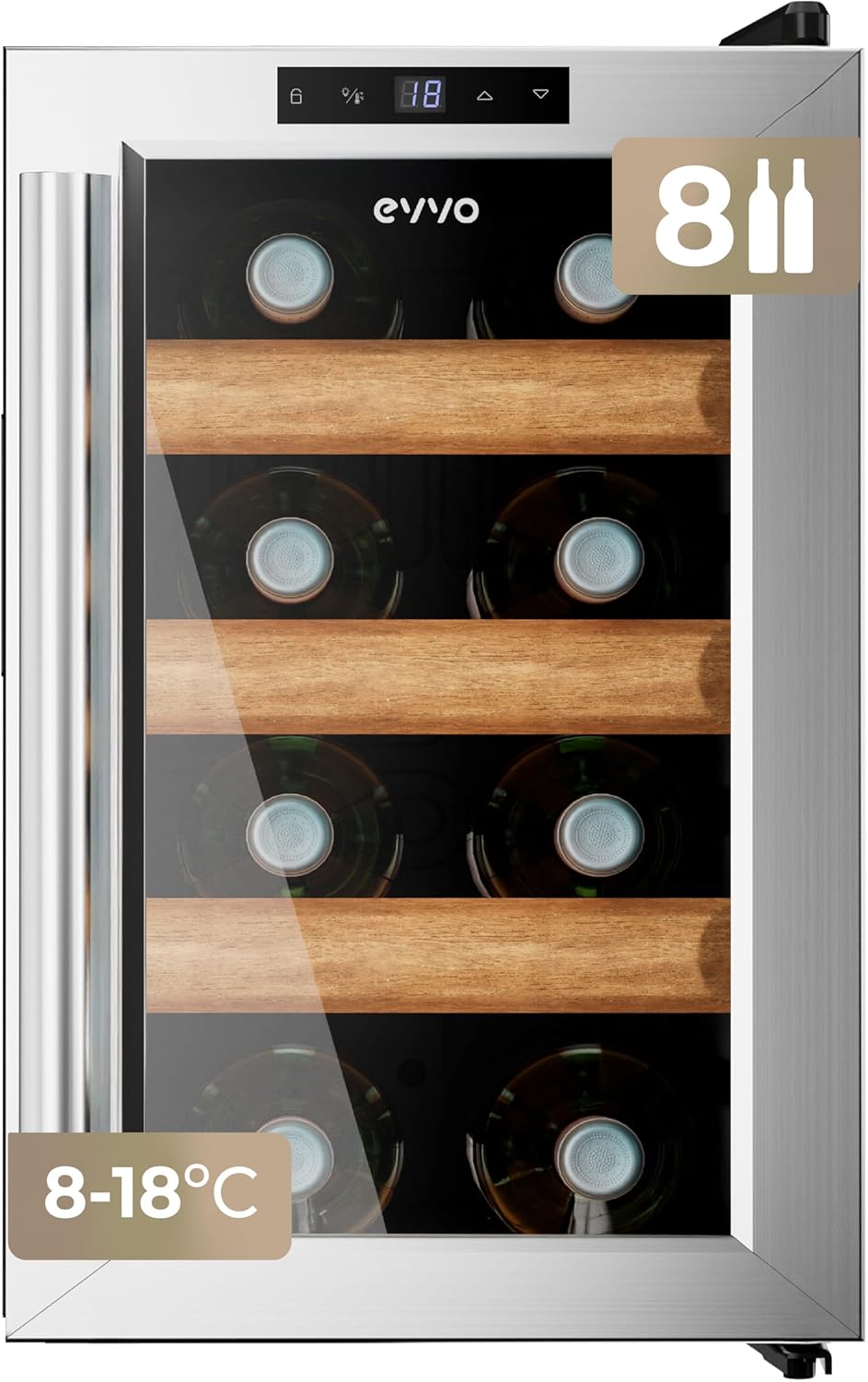 EVVO Vinoteca VT8 Inox – Enfriador de Botellas de Vino 8 Botellas, Vinoteca Pequeña Inox, Nevera para Vinos Silenciosa, Mini Nevera Tipo Minibar y Botellero Vertical