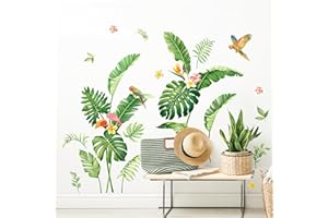 Supzone Wandtattoo Tropische Blätter Grüne Wandaufkleber Blumen Palme Monstera Pflanzen Vögel Wandsticker für Wohnzimmer Schlafzimmer Küche Kabinett Sofa TV Hintergrund Wanddeko