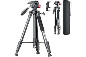CAMBOFOTO 74"Camera Tripod, Aluminum Stand, Compact Travel Tripod,3 Way Pan Head with Quick Release Plate, Smartphone Holder and Bubble Level, Support for DSLR/Mirrorless Camera/Mobilephone/Vlogging