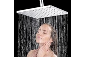 LONGHEXINA Shower Head High Pressure, Rainfall Shower Head 10 Inch, Replacement Showerhead with Swivel Ball, Stainless Steel 304 Square Fixed Shower Head with Chrome Finish Universal Fittings
