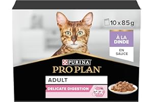 PURINA PRO PLAN | DELICATE DIGESTION | Aliment Complet pour Chat Adulte | Aide à favoriser un système digestif sain | Effilés en Sauce| A la Dinde| Portion Individuelle | 10x85g