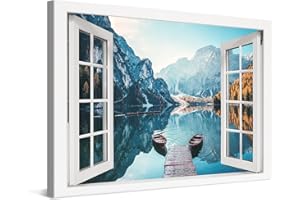 PICANOVA – Photo sur Toile Dolomites Montagnes Lac Pragser Wildsee Braies Fenêtre 120x80cm – Impression sur Toile Haut de Gamme – Image sur Toile pour Décoration Murale Moderne