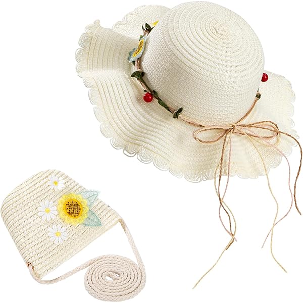 Mädchen Strohhut Set Mit Maus Ohren - Sonnenhut Mit Umhängetasche Für 4-8 Jahre