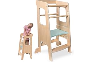 dwin® Tour Eveil Bébé d'Observation et d'apprentissage en Bois Naturel Montessori - 3 Niveaux Evolutifs pour Enfant - Pieds Anti Bascule et Antidérapants - Double Barres de Sécurité - Normes CE